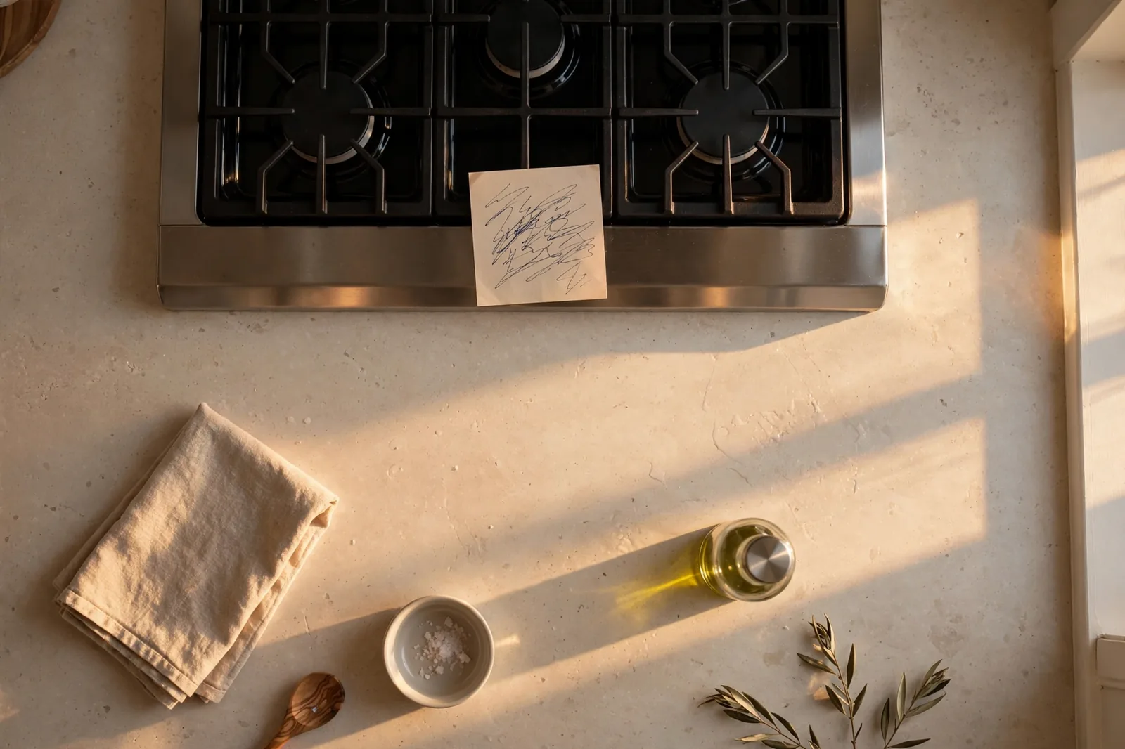 A sparkling clean kitchen counter with a small handwritten done note