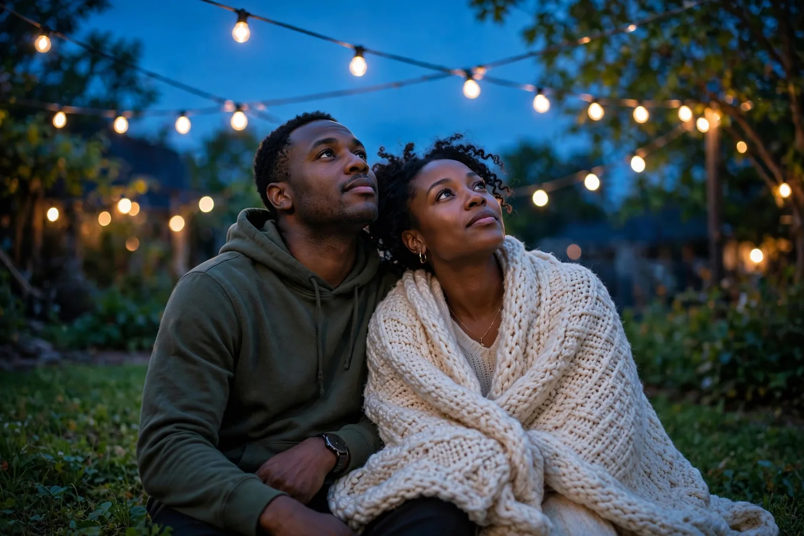 A couple wrapped in one blanket stargazing in the backyard at dusk