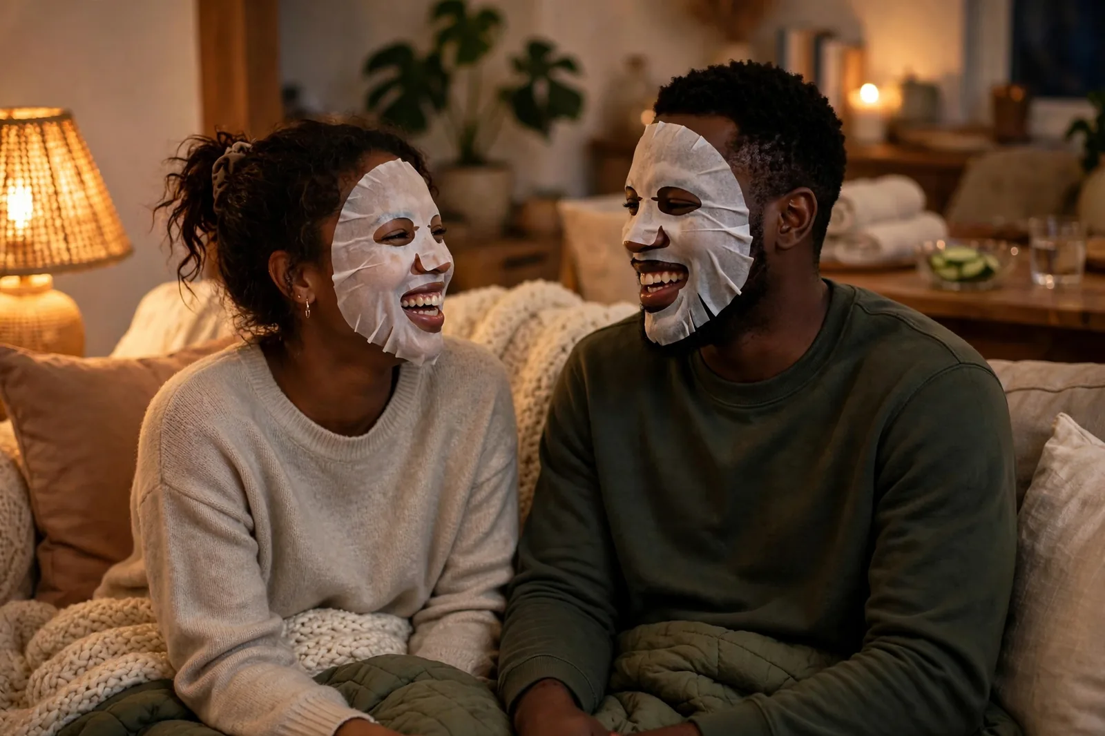 A couple wearing face masks and laughing together on the couch