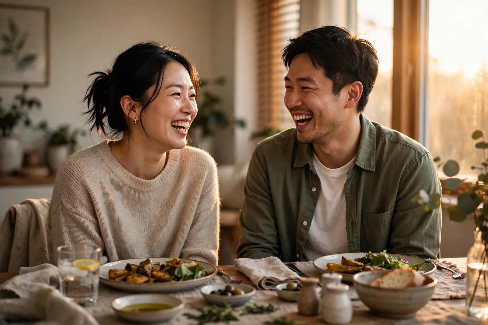 A couple laughing together at dinner with no phones in sight