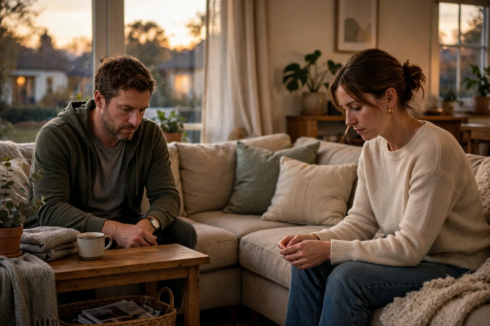 A couple sitting apart on a couch in quiet tension after an argument