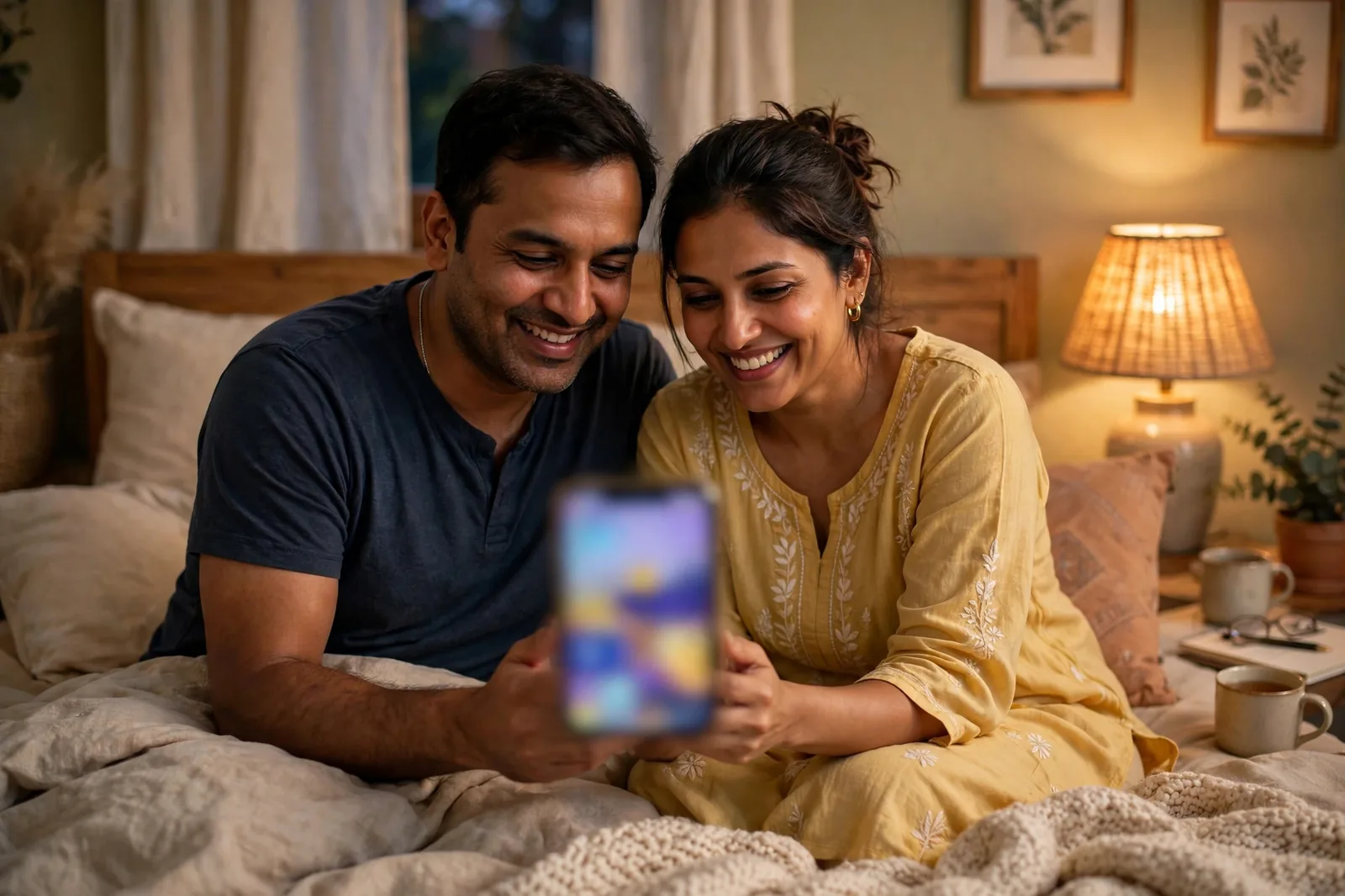 A couple on their bed looking at a shared phone calendar together
