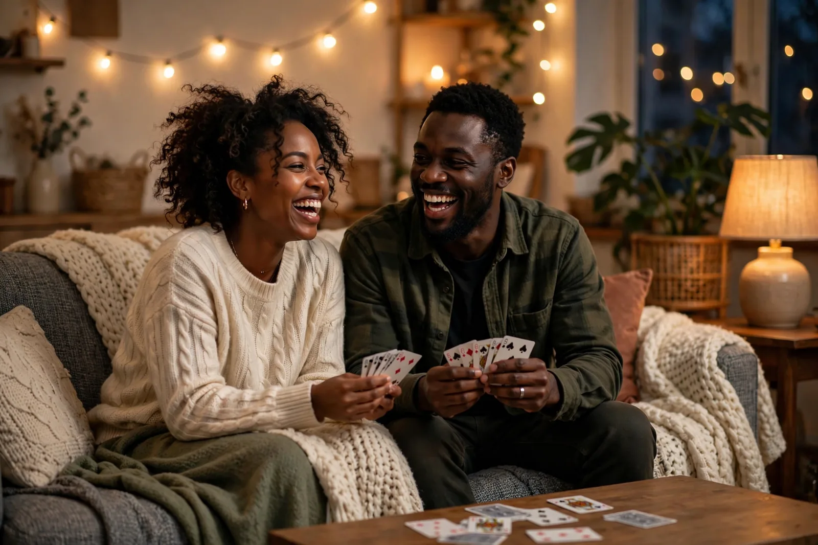 A couple mid-laugh playing cards on a couch under warm string lights