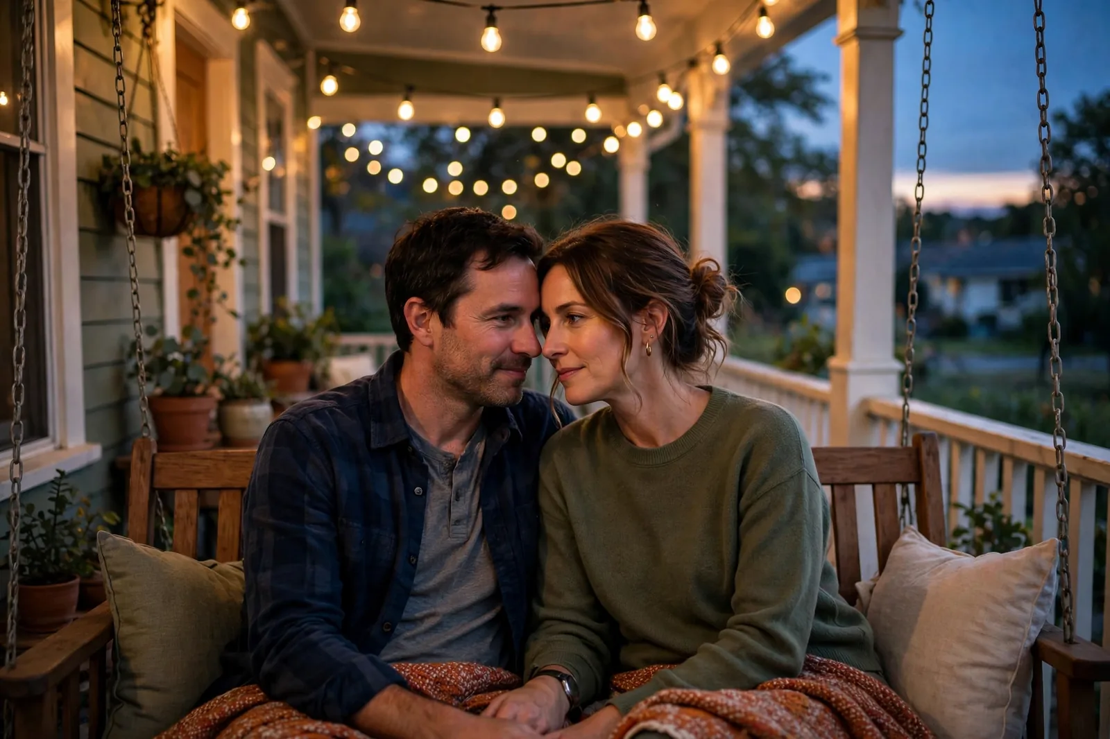 A couple leaning toward each other on a porch swing at dusk
