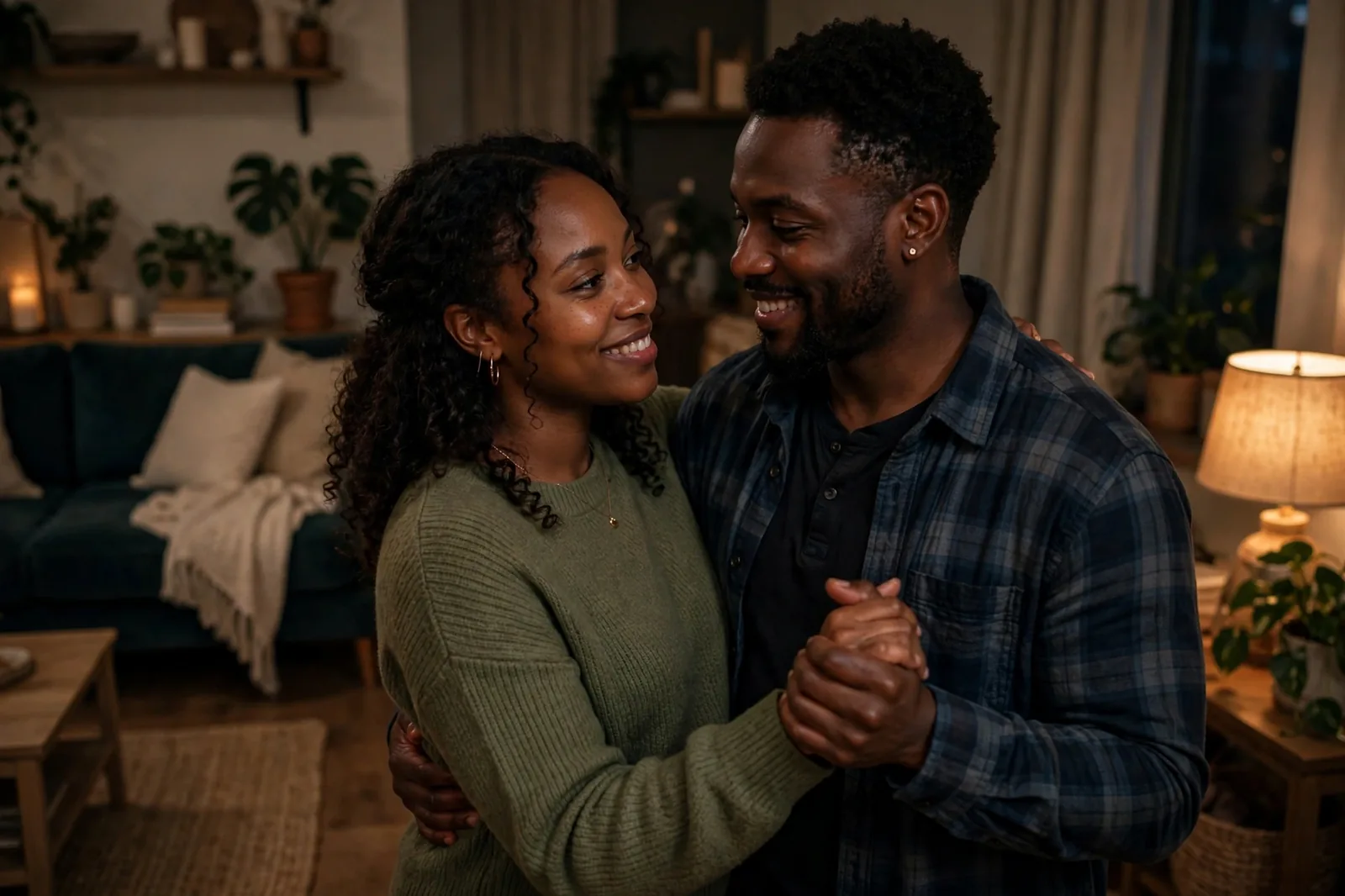 A couple slow-dancing in a dim living room with warm lamplight