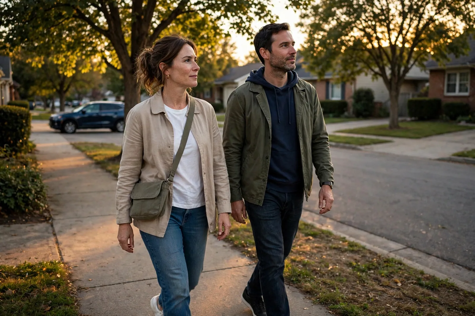 A couple walking close together on a quiet sidewalk at golden hour