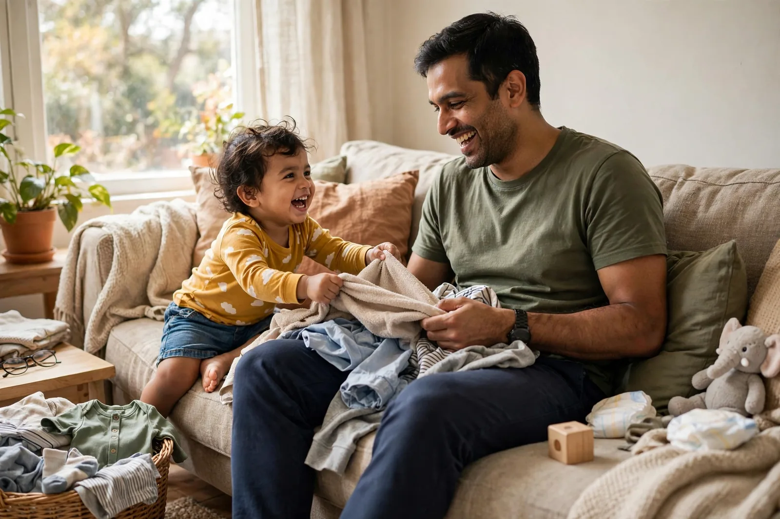A dad folding laundry on the couch while his toddler playfully unfolds it