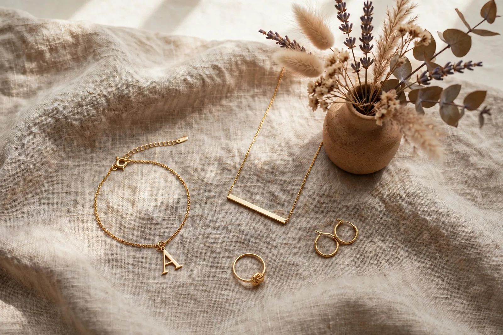 Delicate gold bracelet, necklace, and earrings arranged on linen with dried flowers