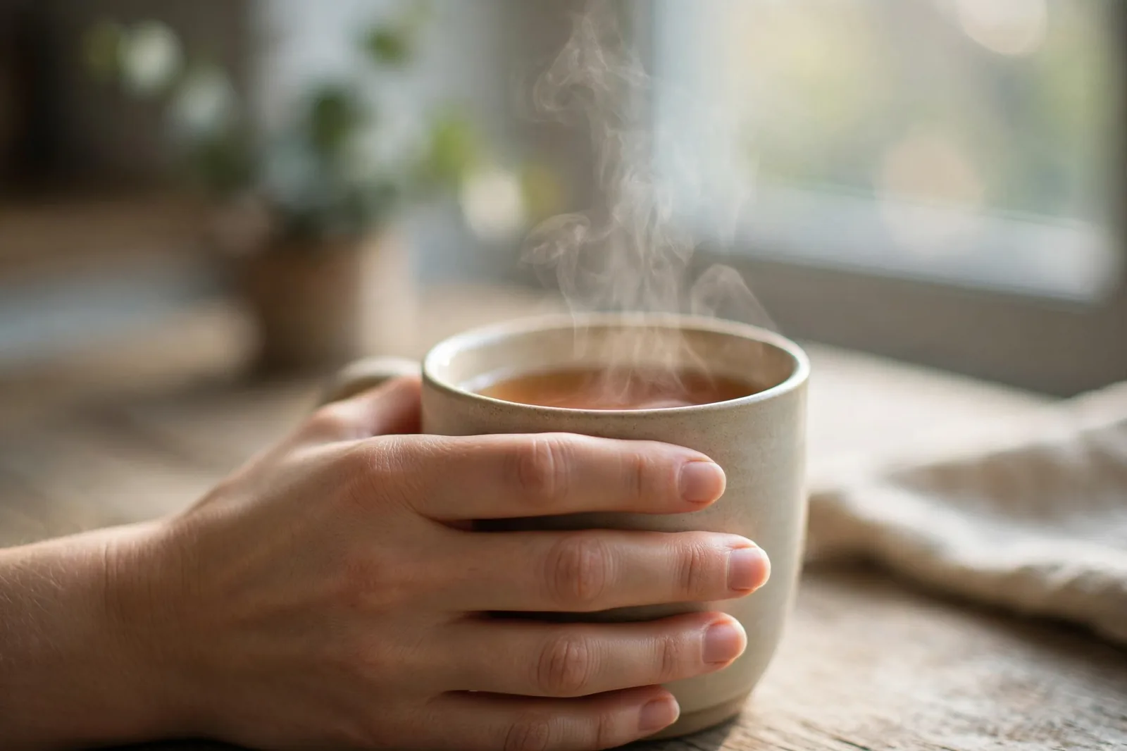 A hand holding a warm mug of tea in soft morning window light