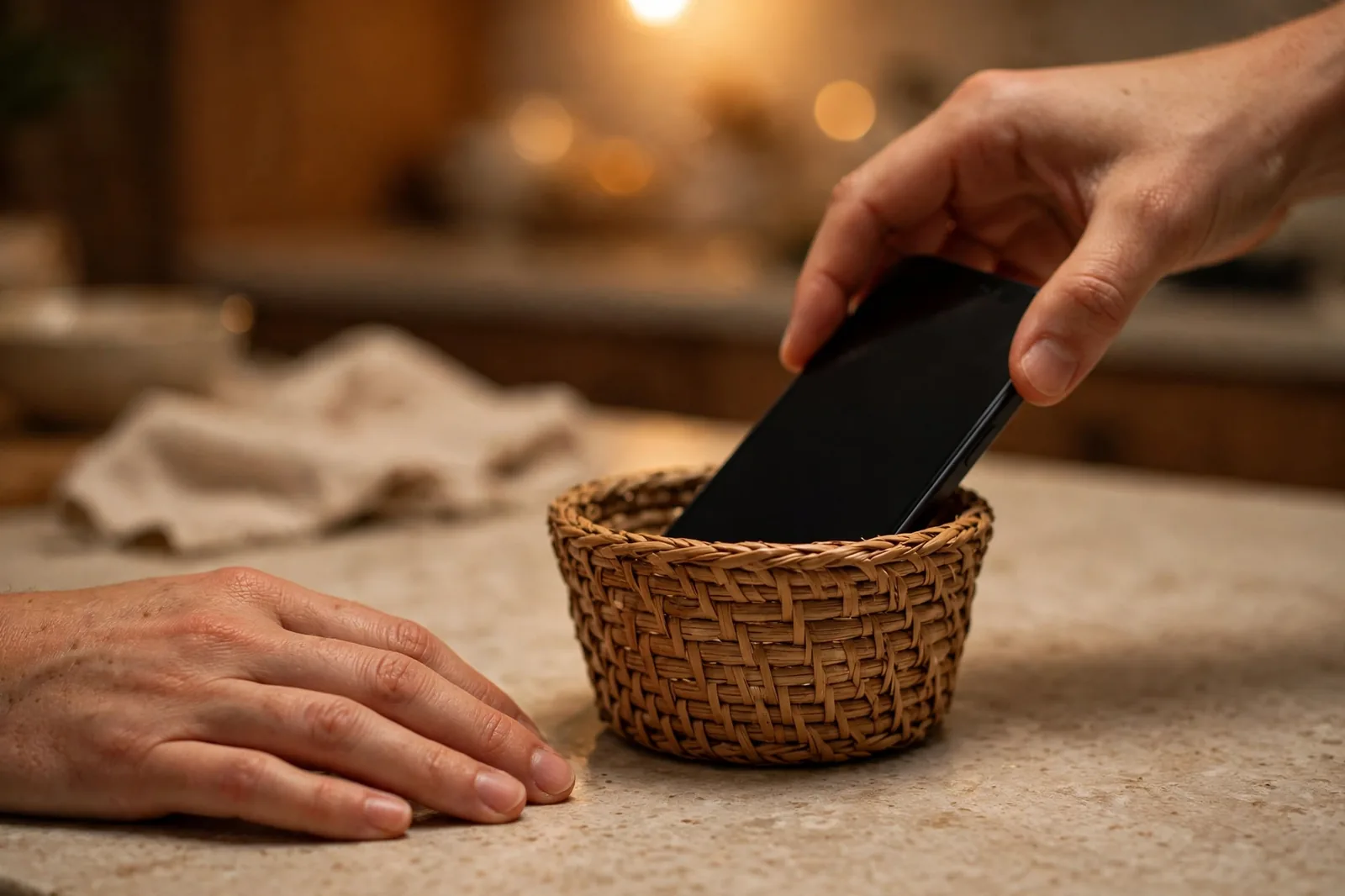 A hand sliding a smartphone into a small woven basket on a kitchen counter