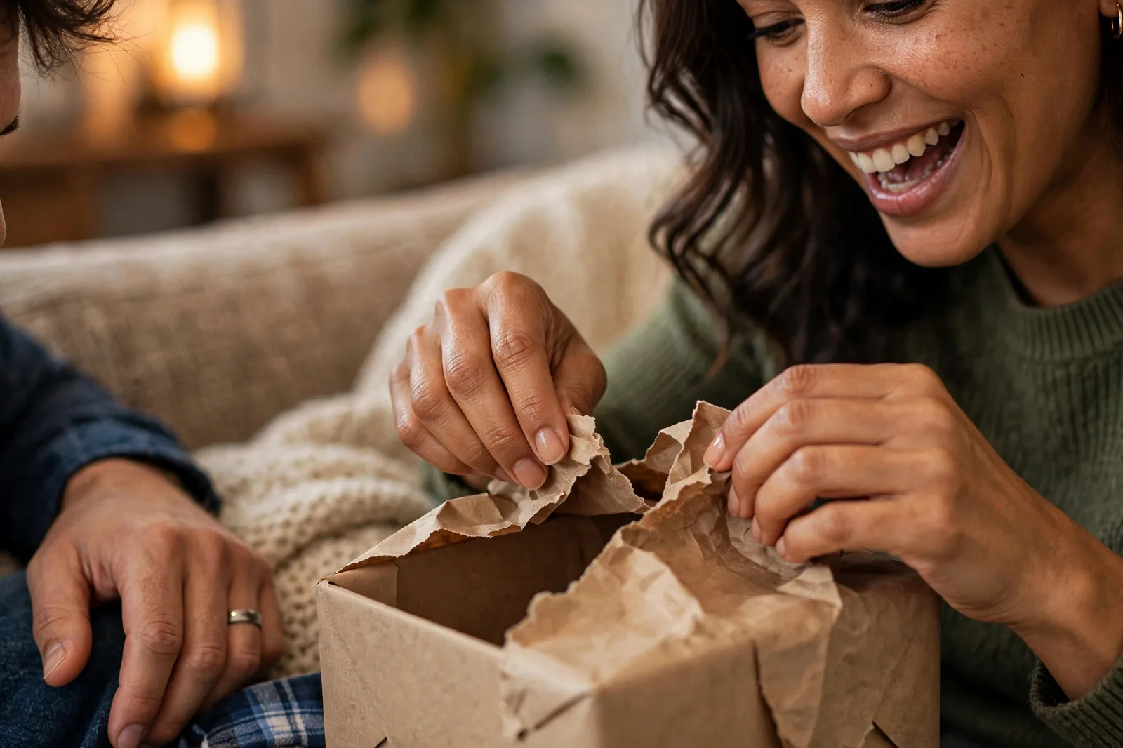 A wife's surprised smile as she opens a kraft-paper gift box on the couch