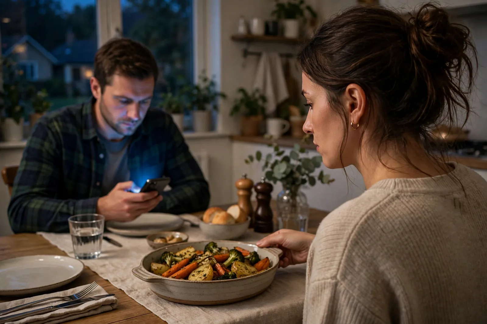 A wife setting down dinner while her husband stares at his glowing phone across the table