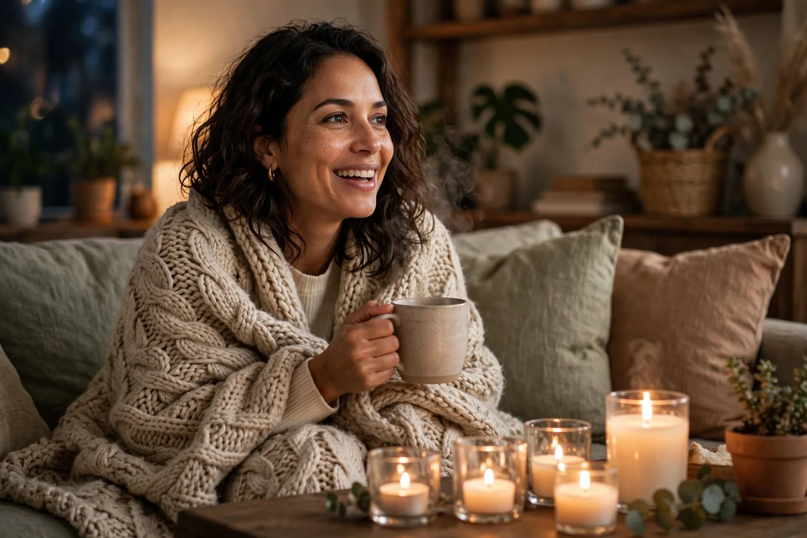 A woman wrapped in a knit blanket holding a steaming mug by candlelight