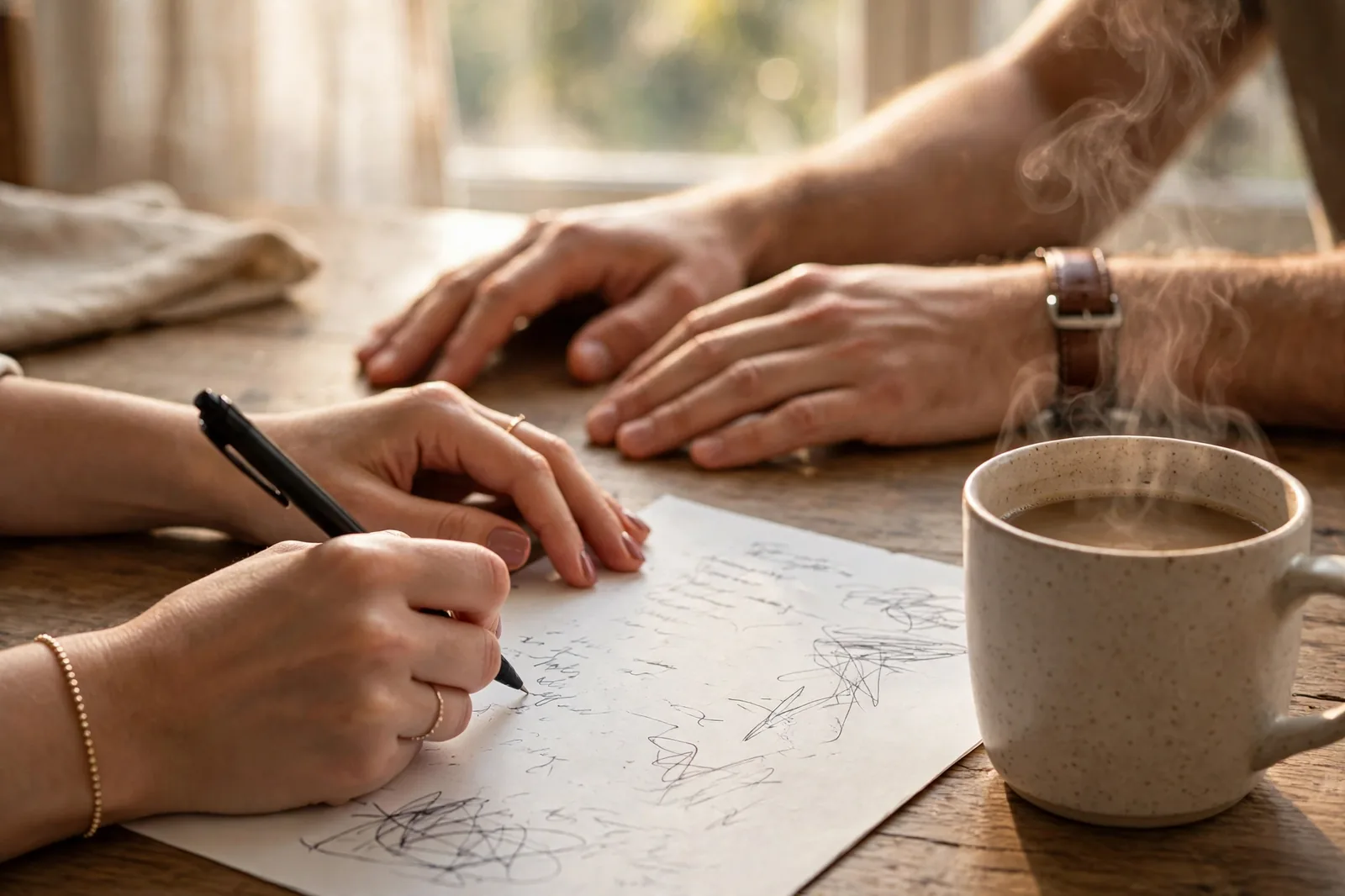 Hands writing a chore list at a kitchen table with coffee nearby