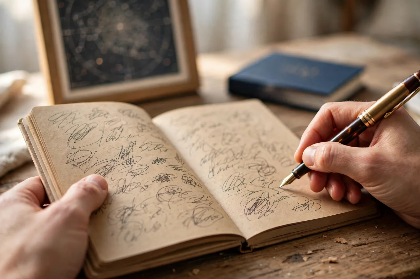 Hands writing in a journal with a fountain pen in soft morning light
